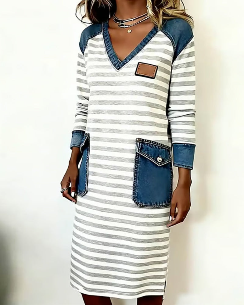 Fashion Denim Patchwork V-Neck Dress