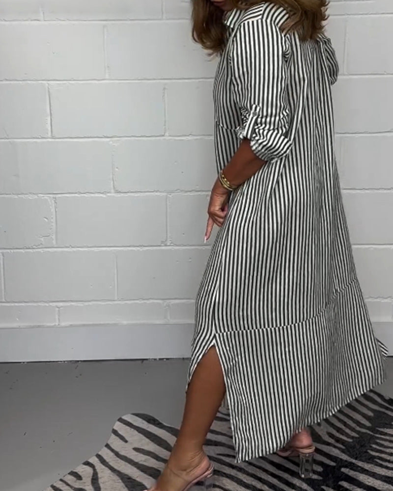 Stripe print lapel slit casual dress 202466 casual dresses spring summer