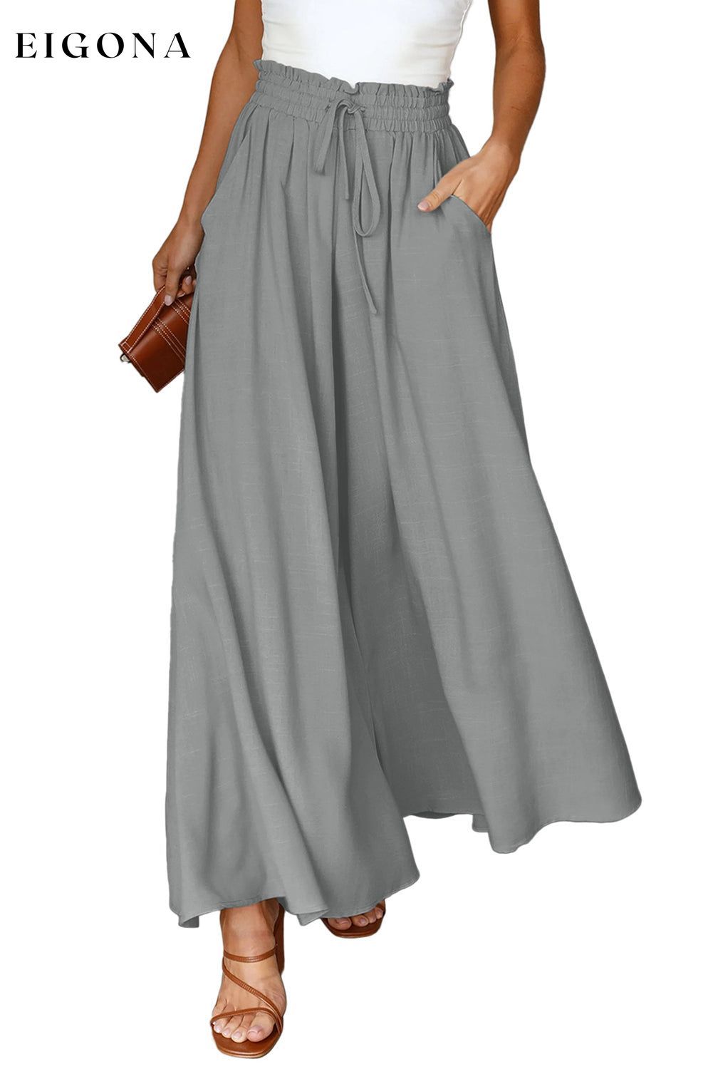 Gray Drawstring Smocked High Waist Wide Leg Pants All In Stock bottoms clothes EDM Monthly Recomend lounge wear loungewear Occasion Daily pants Print Solid Color Season Summer Silhouette Wide Leg Style Casual wide pants
