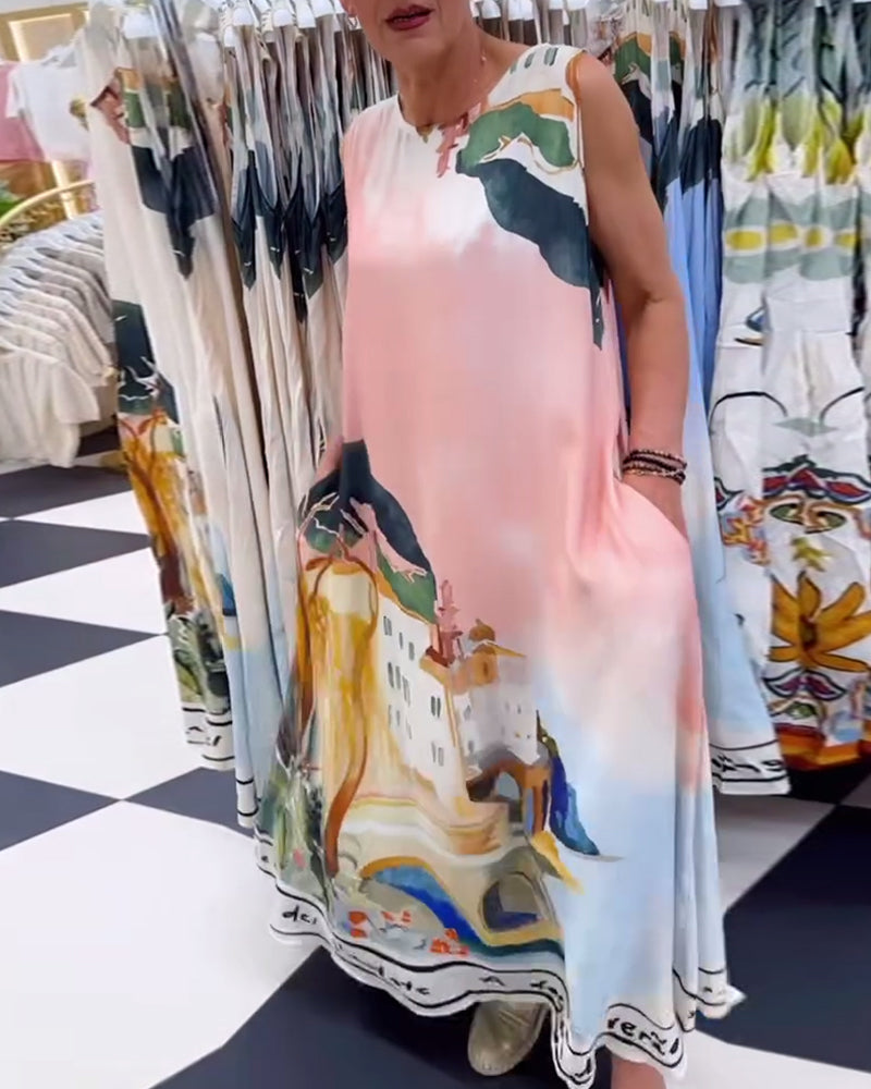Ärmelloses, lockeres Kleid mit Landschaftsmalerei