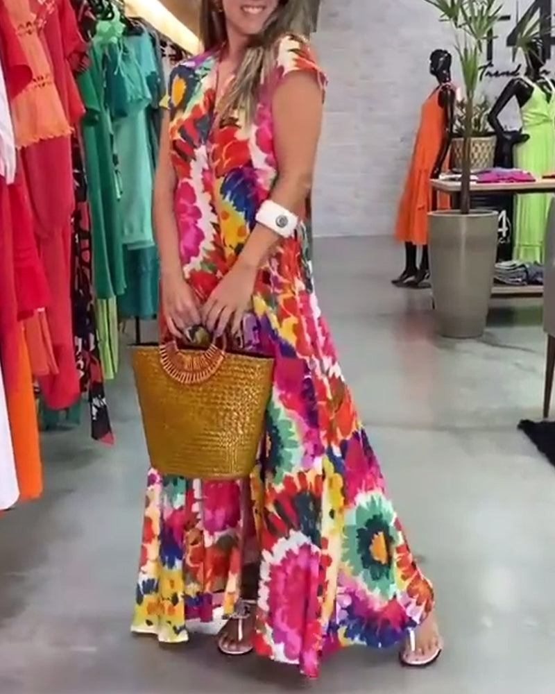 Tie-dye printed raglan sleeves lapel dress 202466 casual dresses summer