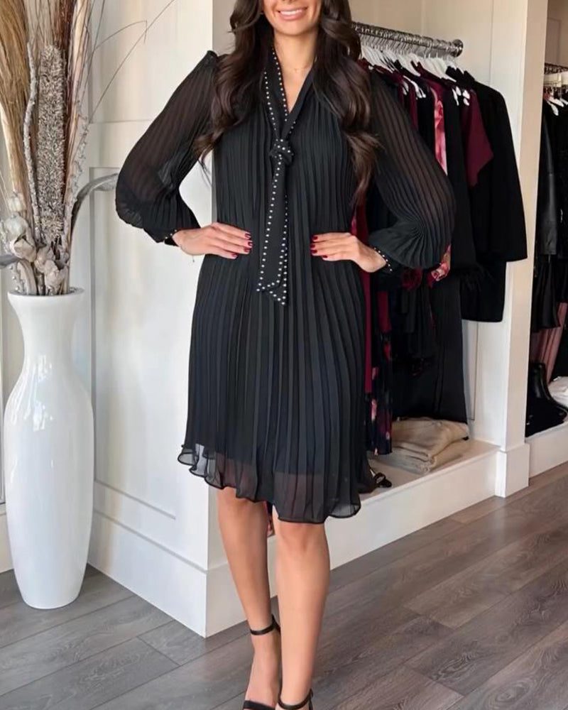 Solid Color V-Neck Ribbon Dress