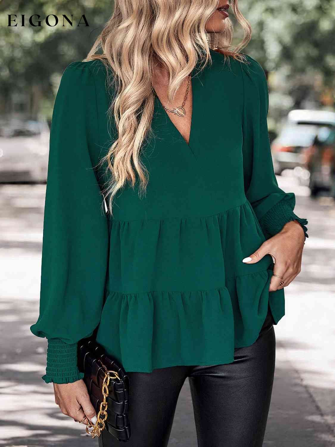 Notched Neck Lantern Sleeve Blouse clothes Hundredth long sleeve shirts long sleeve top long sleeve tops Ship From Overseas shirt shirts top tops