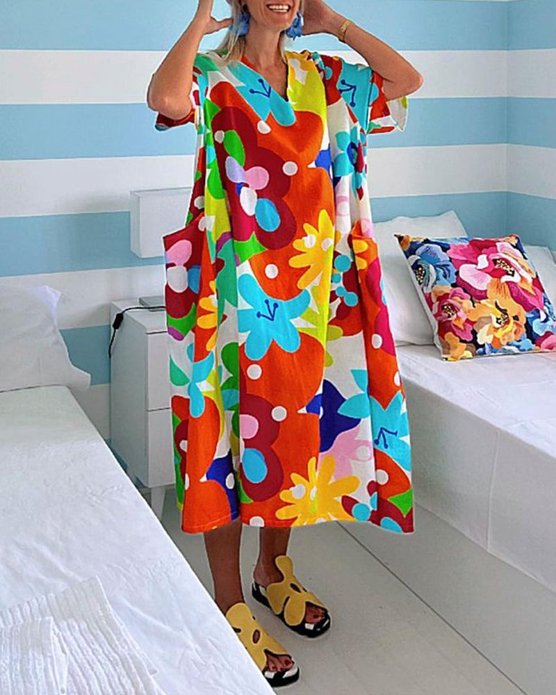 Colorful floral print V-neck pocket dress casual dresses summer