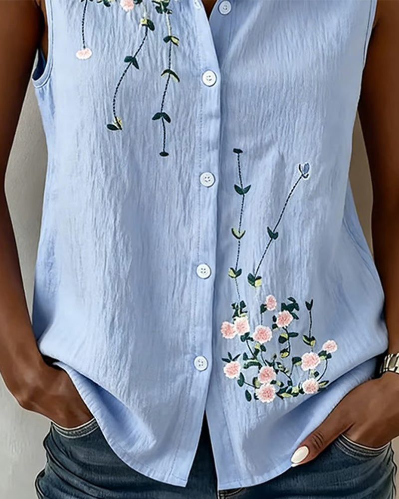 Collared Sleeveless Button Down Blouse