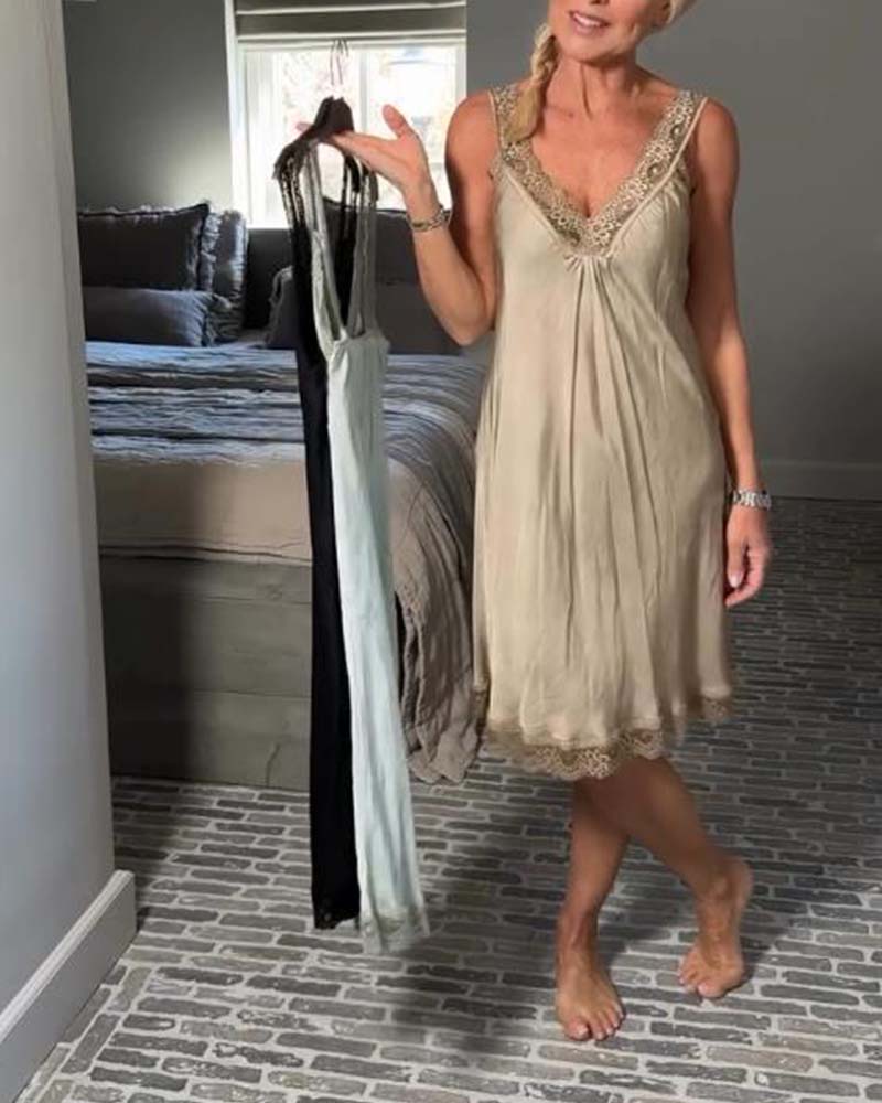 Sexy Patchworkkleid mit V-Ausschnitt und Strapsspitze