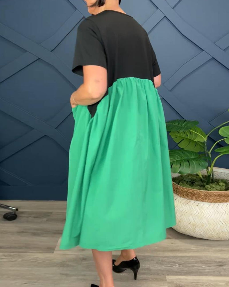 Casual contrast pocket crew neck dress 202466 casual dresses summer