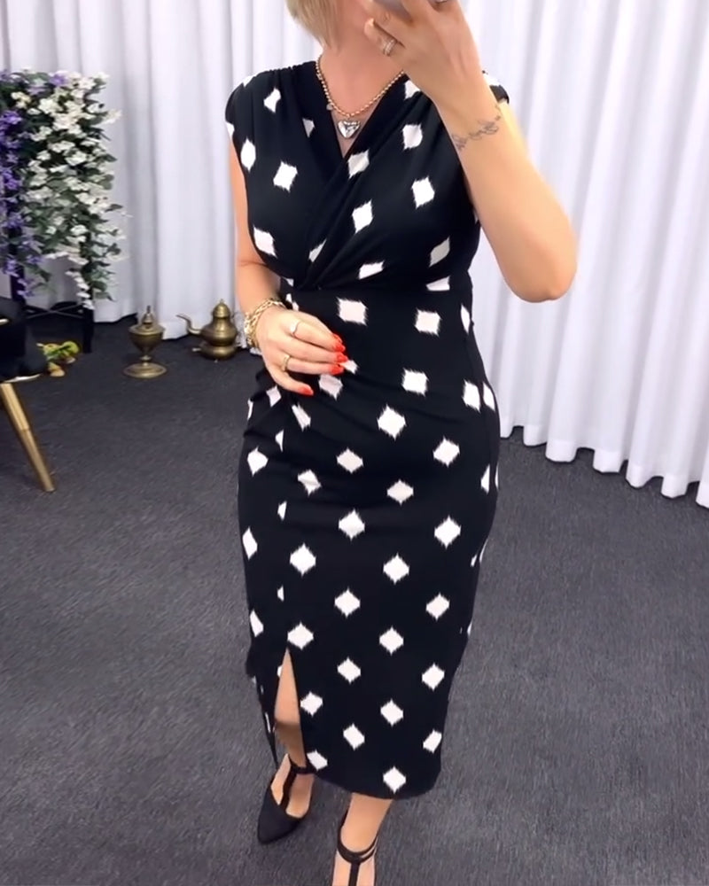 Elegant geometric print V-neck sleeveless dress 202466 casual dresses summer