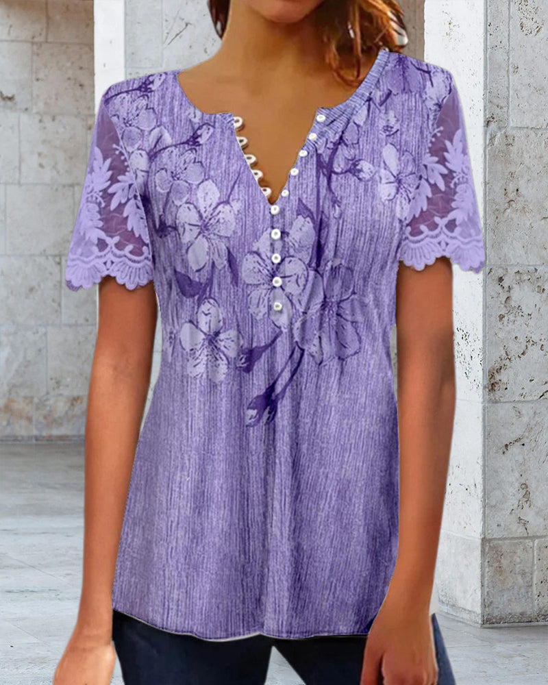 Camicetta stampata con scollo rotondo e pannello in pizzo