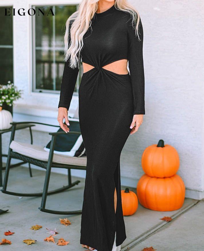 Cutout Round Neck Long Sleeve Slit Maxi Dress clothes dress dresses long dress maxi dress Ship From Overseas SYNZ trend