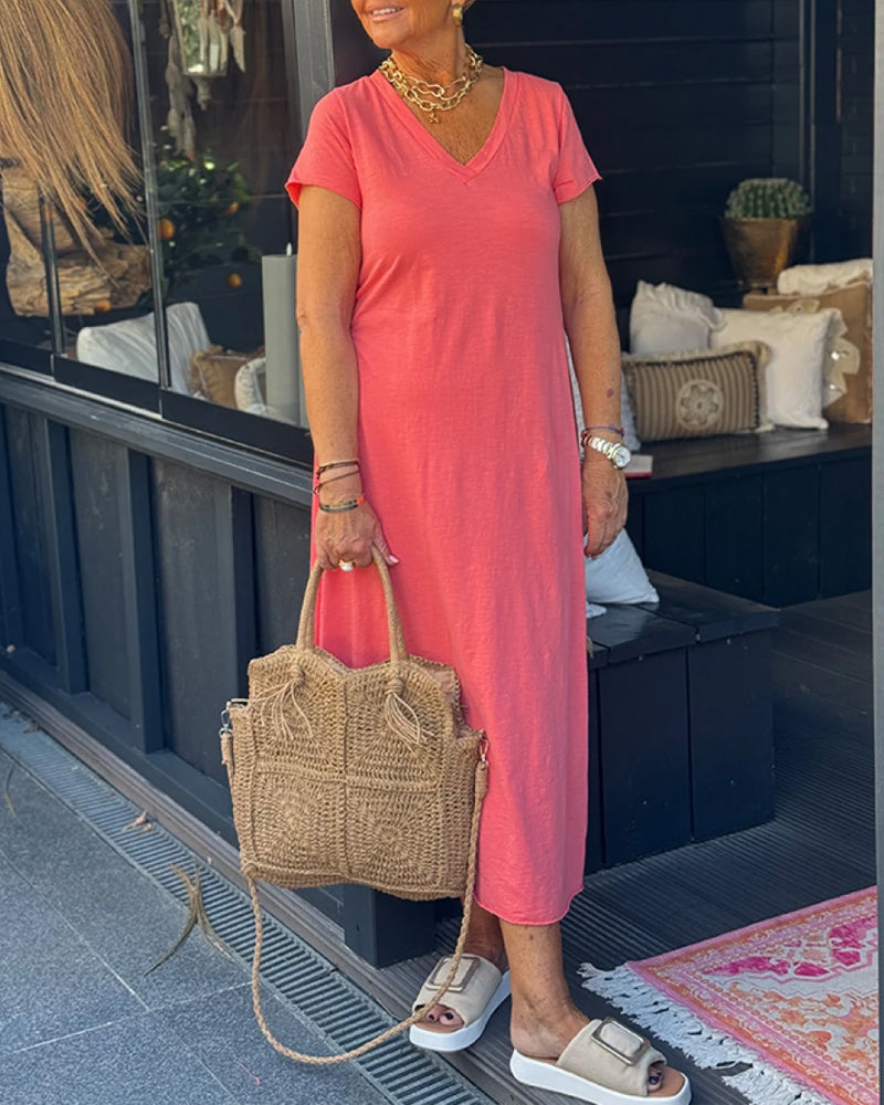 Einfarbiges, langes Kleid mit V-Ausschnitt und kurzen Ärmeln