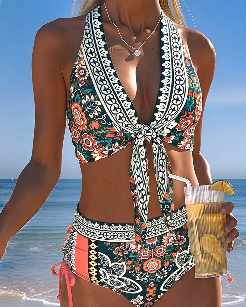 Bohemian Halter Neck Drawstring Bikini