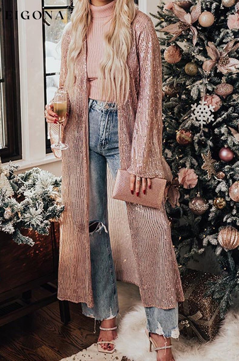 Rose Tan Open Front Long Sequin Kimono Sequin Cardigan All In Stock cardigan cardigans clothes Color Pink Craft Sequin Day Christmas Occasion Night Out Print Solid Color Season Winter Style Southern Belle Sweater sweaters