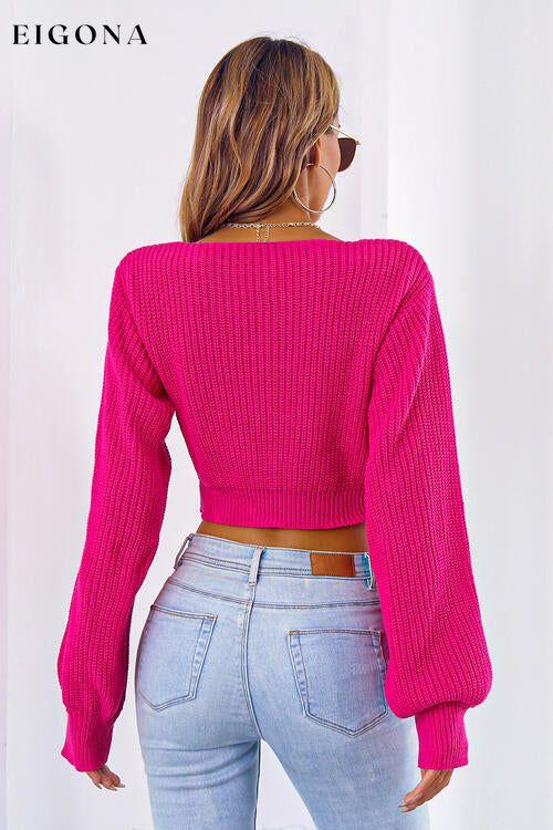 Bow V-Neck Long Sleeve Cropped Sweater clothes crop top crop tops croptop long sleeve shirt long sleeve shirts long sleeve top long sleeve tops M.Y.C Ship From Overseas shirt shirts Sweater sweaters top tops