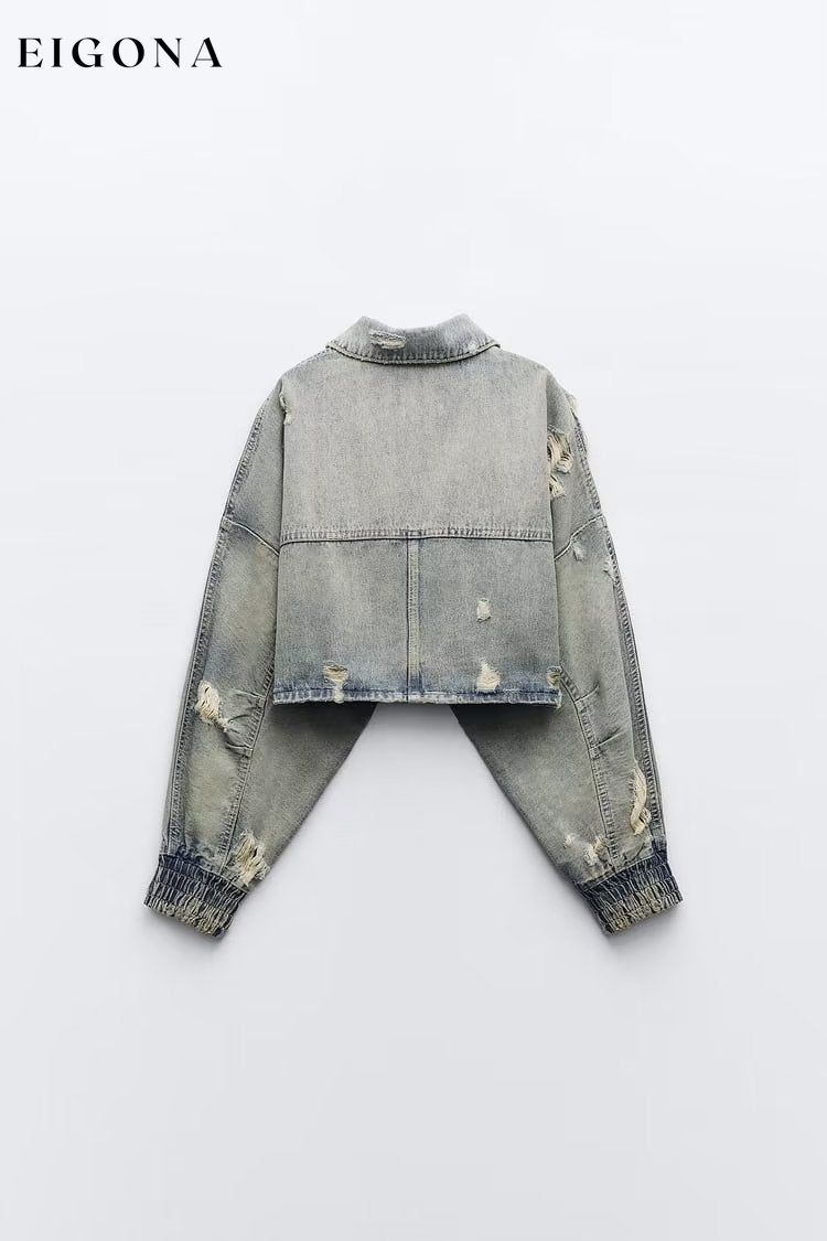 Autumn Women Collared Worn Looking Washed out Perforated Hole Decoration Denim Short Jacket clothes jacket jackets & coats outerwear