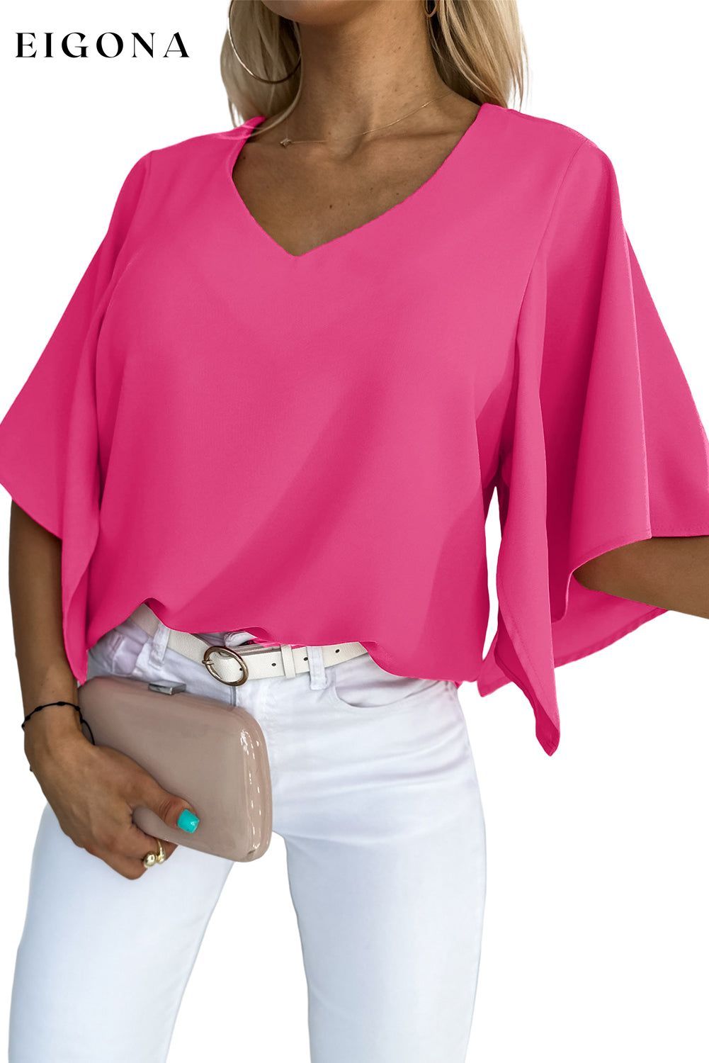 Rose Plain Flounce Bell Sleeve V Neck Blouse All In Stock clothes Color Pink Day Valentine's Day DL Exclusive Occasion Daily Print Solid Color Season Summer shirt shirts Style Modern top tops