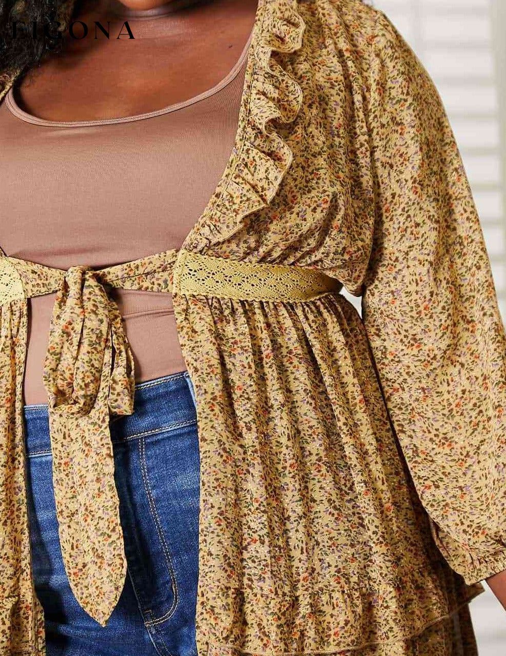 Full Size Tie Front Ruffled Duster Cardigan cardigan cardigans clothes HEYSON Ship from USA sweaters