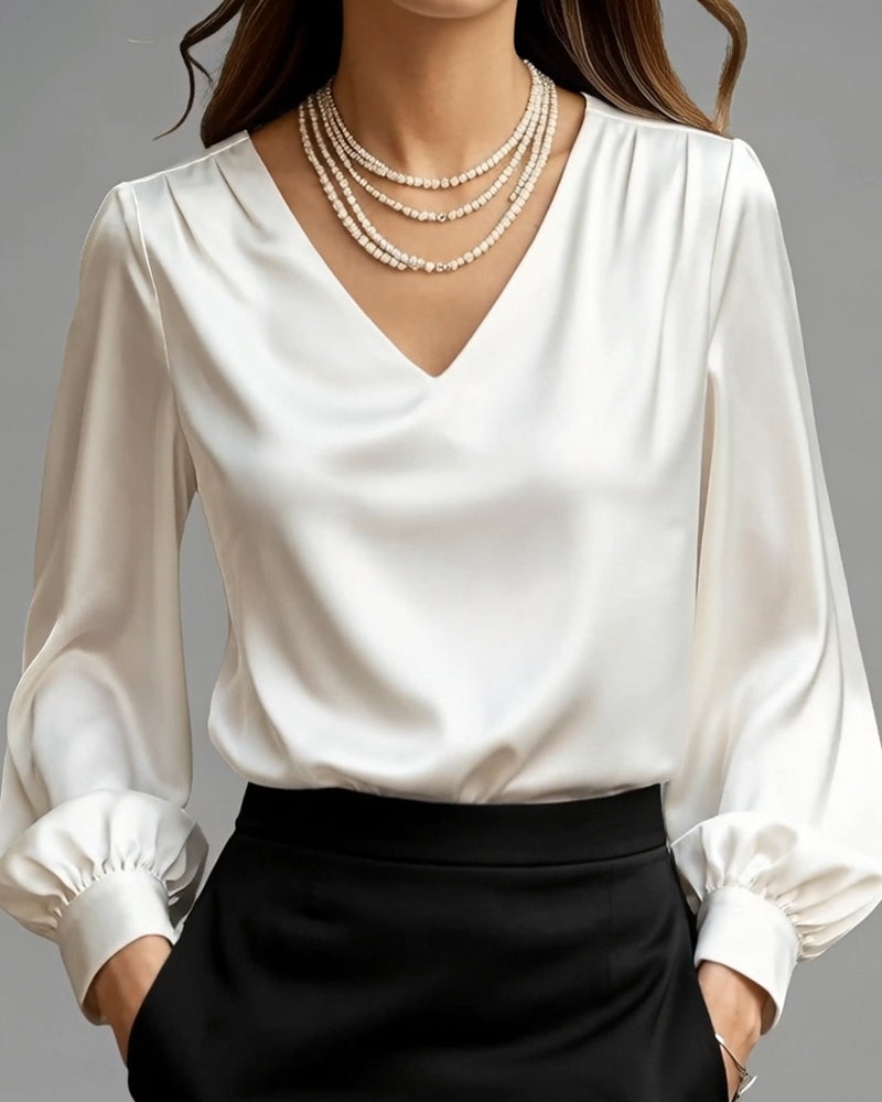 V-Neck Puff Sleeve Solid Color Blouse