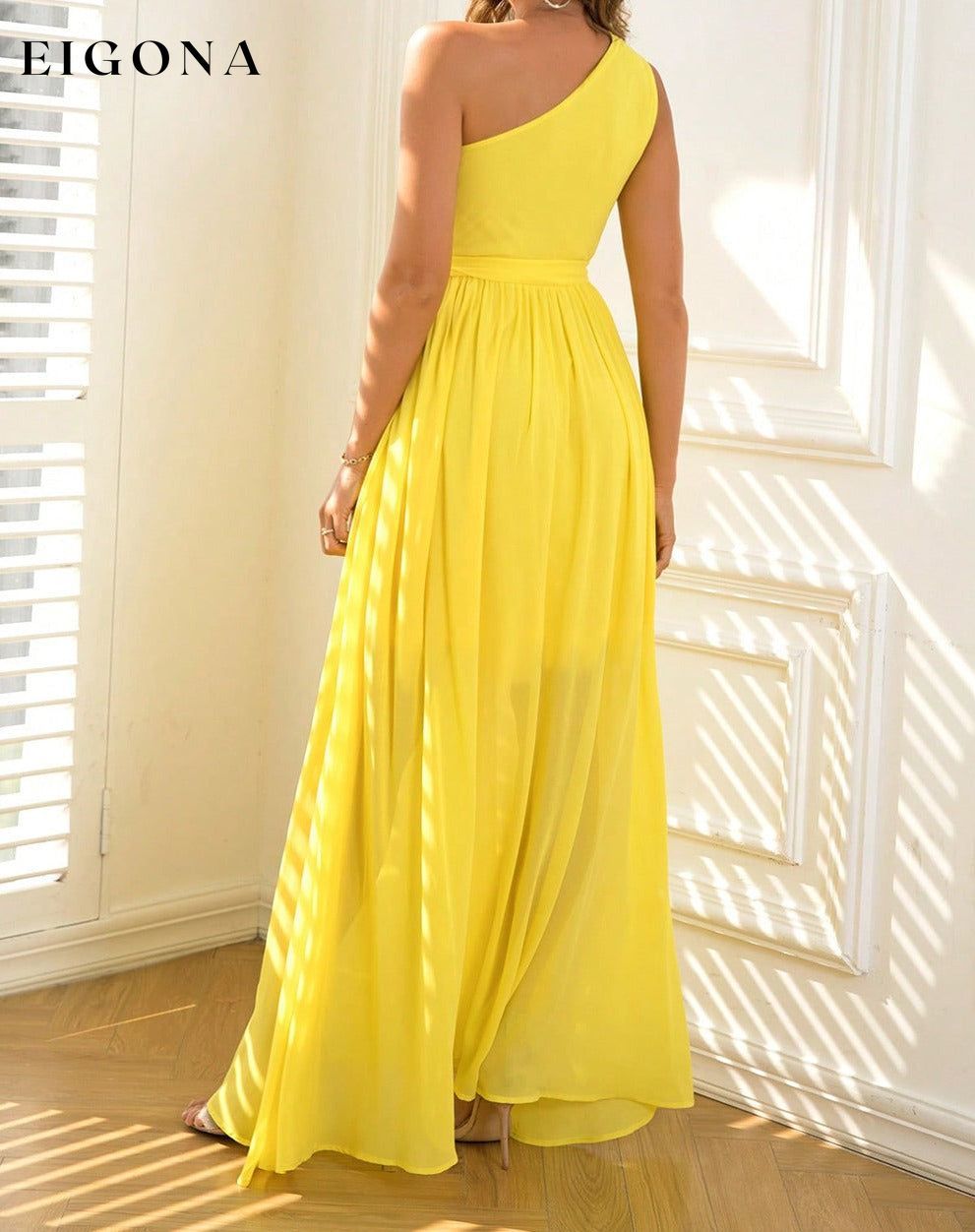 Cutout One-Shoulder Tie Waist Yellow Maxi Dress clothes dress dresses formal dress formal dresses maxi dress maxi dresses Ringing-N Ship From Overseas