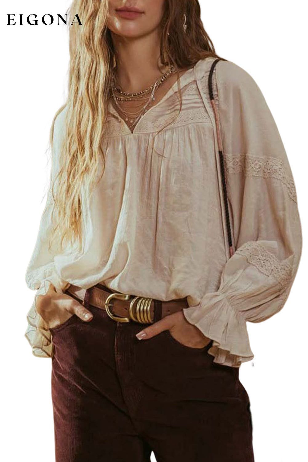 Beige Lace Patchwork Ruffled Drawstring V Neck Blouse All In Stock clothes Fabric Lace long sleeve shirt long sleeve shirts long sleeve tops Occasion Office Print Solid Color Season Fall & Autumn Season Spring shirt shirts Style Modern tops