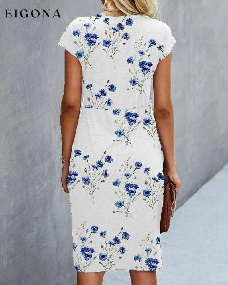 Blue Floral Print Dress with Short Sleeves 23BF Casual Dresses Clothes Dresses Spring Summer