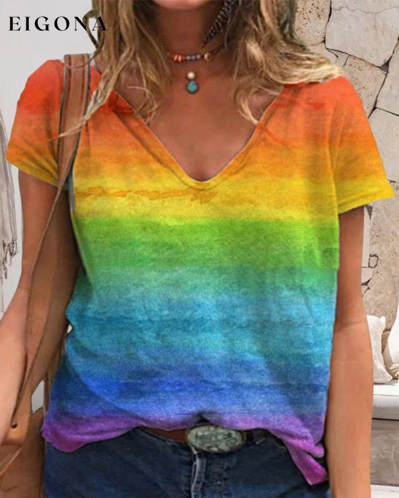 Casual v-neck rainbow print short-sleeved t-shirt 23BF clothes Short Sleeve Tops Summer T-shirts Tops/Blouses