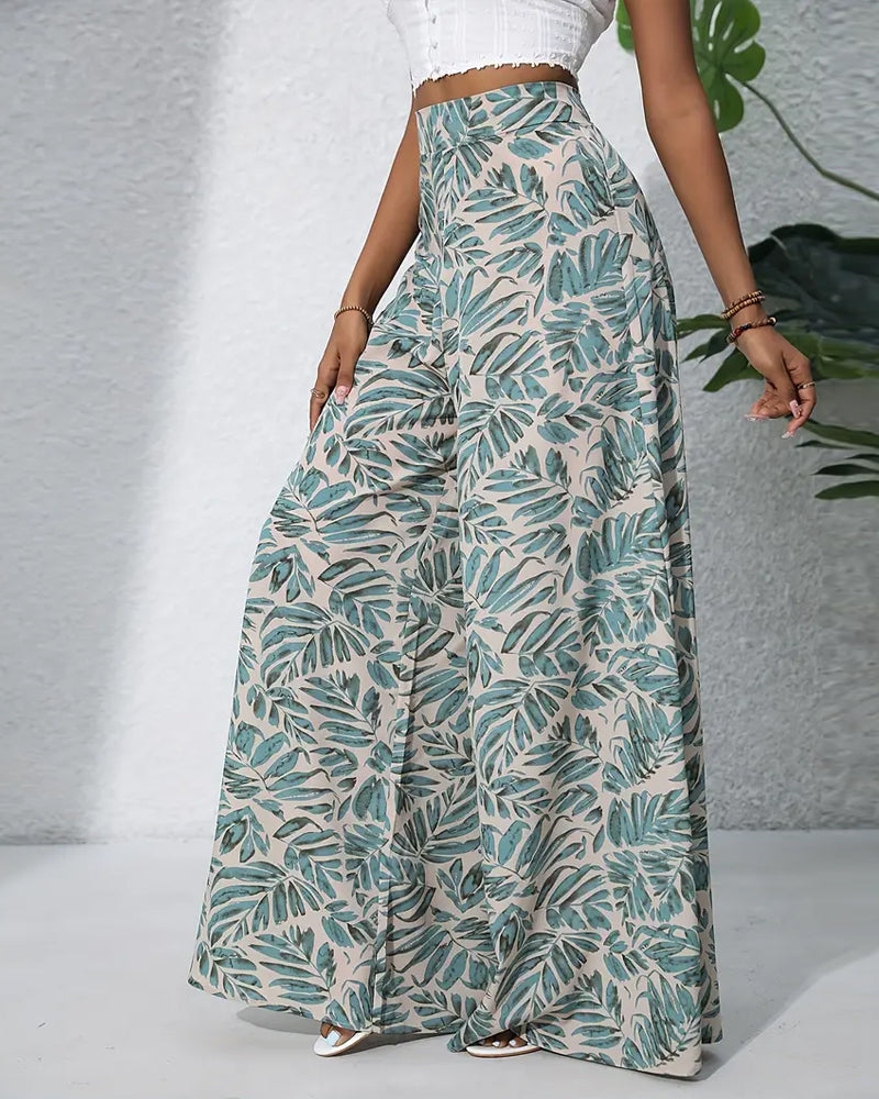 Elegant high-waist wide-leg pants with leaf print pants spring summer
