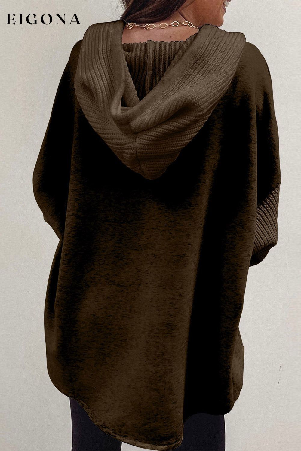 Dark Brown Button Up Contrast Knitted Sleeves Hooded Jacket All In Stock Best Sellers clothes EDM Monthly Recomend hooded jacket jacket Jackets & Coats Occasion Daily Print Solid Color Season Fall & Autumn Style Casual