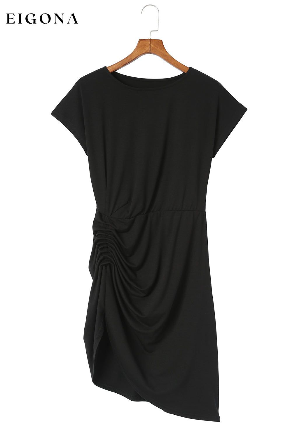 Black Side Shirring Short Sleeve Mini Dress All In Stock black dress clothes dress dresses Print Solid Color Season Summer