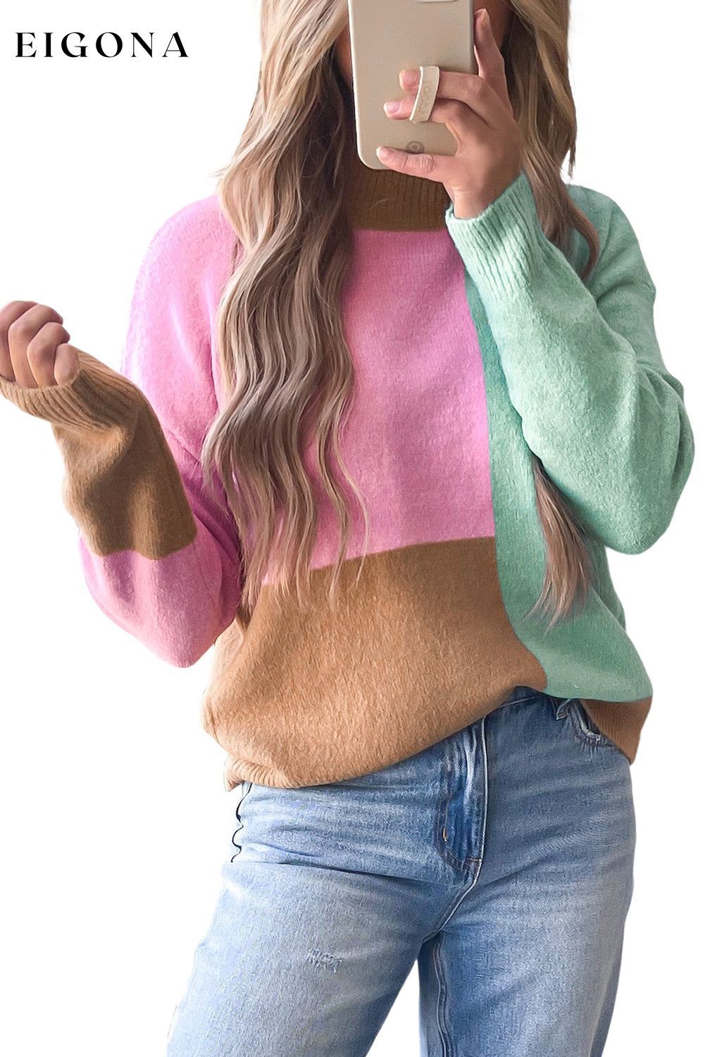 Multicolour Colorblock Mock Neck Ribbed Trim Sweater All In Stock Best Sellers clothes Color Green Color Multicolor Color Pink EDM Monthly Recomend Hot picks long sleeve shirt long sleeve shirts long sleeve top long sleeve tops Occasion Daily Print Color Block Season Fall & Autumn shirt shirts Style Southern Belle sweaters top tops