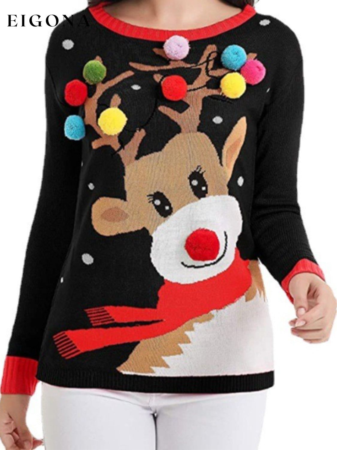 Rudolph Pom-Pom Trim Christmas Sweater C.J@MZ christmas sweater clothes Ship From Overseas