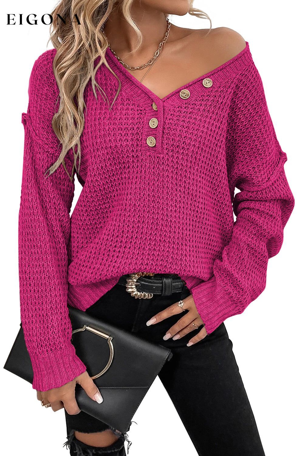 Rose Fiery Red Pointelle Knit Button V Neck Drop Shoulder Long Sleeve Shirt, Sweater All In Stock clothes Color Pink EDM Monthly Recomend long sleeve top long sleeve tops Occasion Daily Print Solid Color Season Winter Style Southern Belle top tops