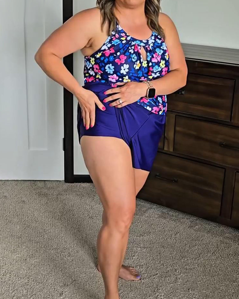 Vest-Style Printed Split Flat-Angle Tankini