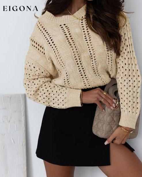 Full Size Openwork Cable-Knit Round Neck Knit Top clothes long sleeve shirt long sleeve shirts long sleeve top long sleeve tops Ship From Overseas shirt shirts SYNZ top tops