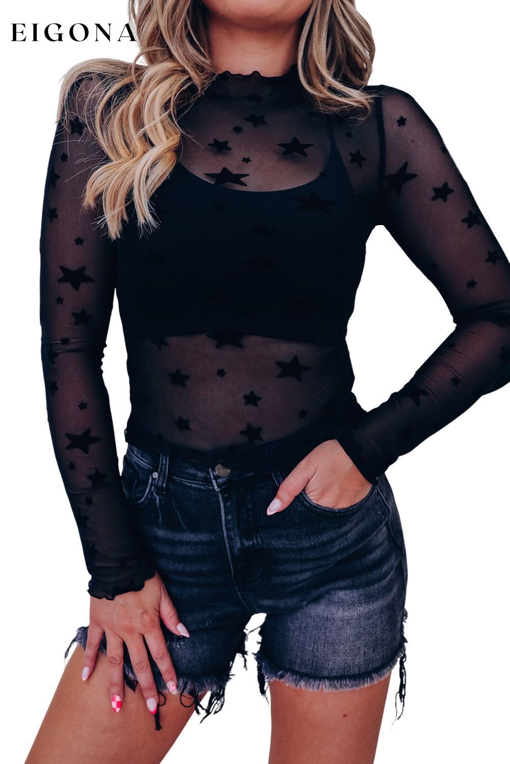 Black Star Embellished Sheer Mesh Long Sleeve Top All In Stock clothes Day Valentine's Day EDM Monthly Recomend Fabric Sheer long sleeve top Occasion Rock & Music Print Solid Color Season Fall & Autumn Style Southern Belle top tops
