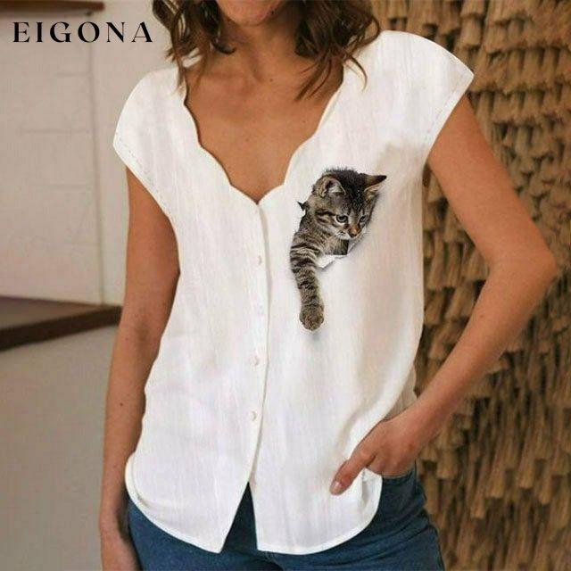 【Cotton And Linen】3D Cat Print Casual Blouse best Best Sellings clothes Cotton and Linen Plus Size Sale tops Topseller
