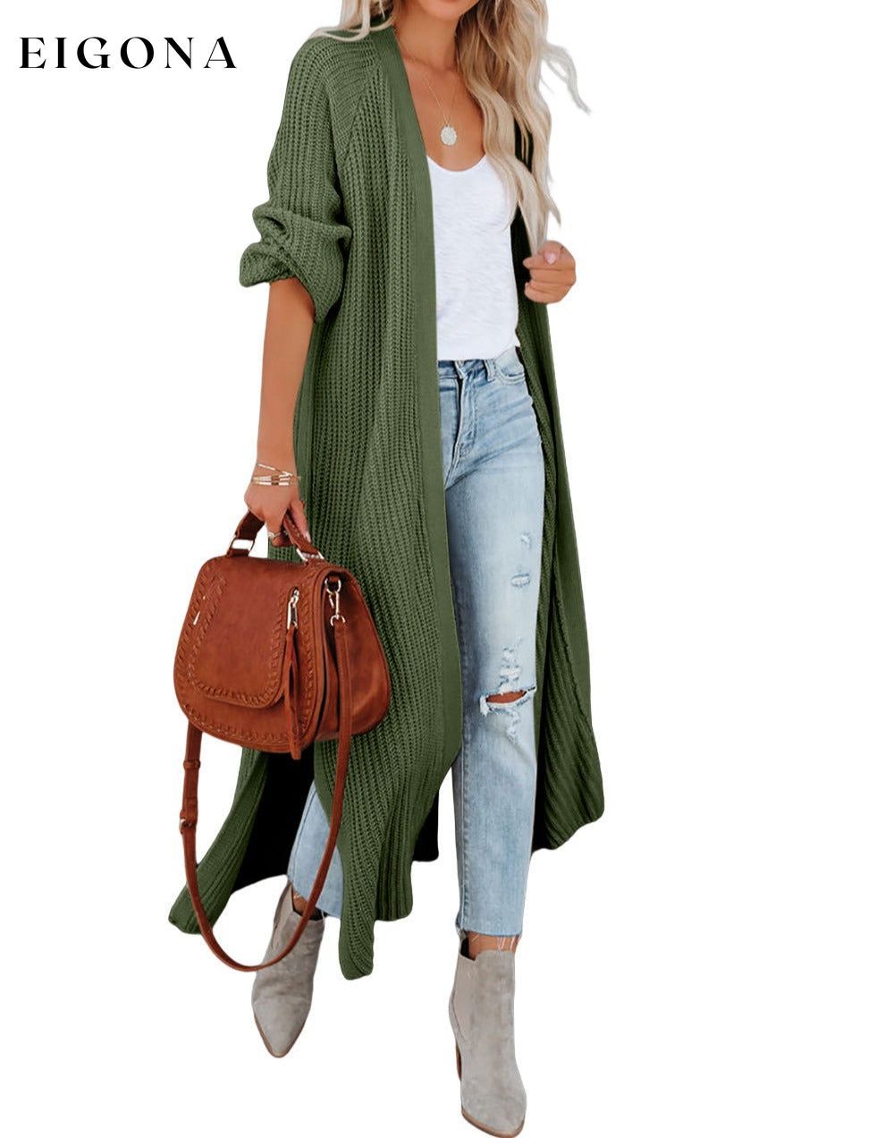 Green Open Front Side Slit Duster Knit Long Sweater Cardigan All In Stock cardigan cardigans Category duster cardigan clothes Color Green EDM Monthly Recomend Occasion Daily Print Solid Color Season Fall & Autumn Style Casual Style Modern