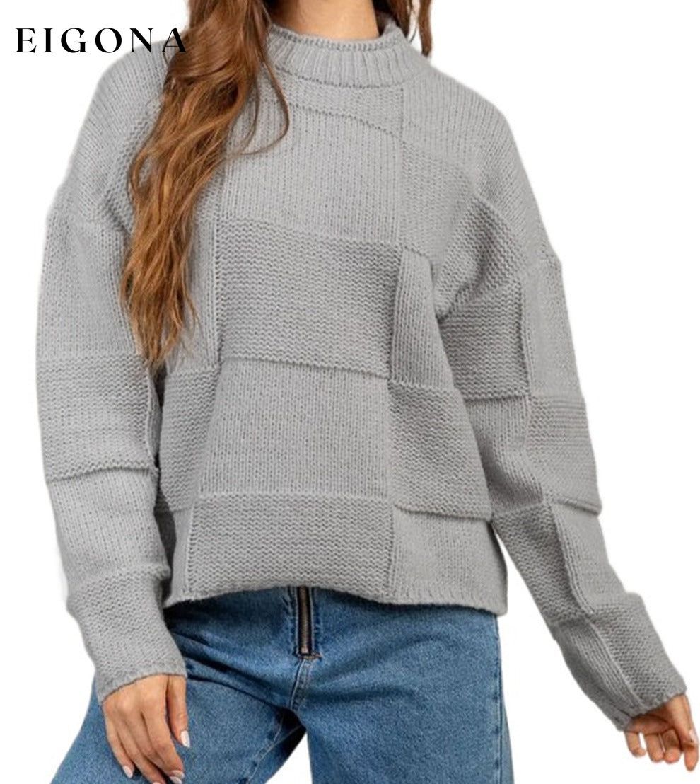 Gray Mock Neck Checkered Textured Sweater clothes Sweater sweaters Sweatshirt