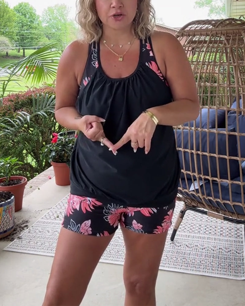 Costume da bagno due pezzi senza maniche con stampa a contrasto