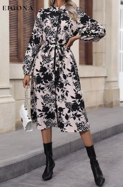 Floral Balloon Sleeve Tied Long Sleeve Casual Midi Dress casual dresses clothes dress dresses Hundredth long sleeve dress long sleeve dresses Ship From Overseas
