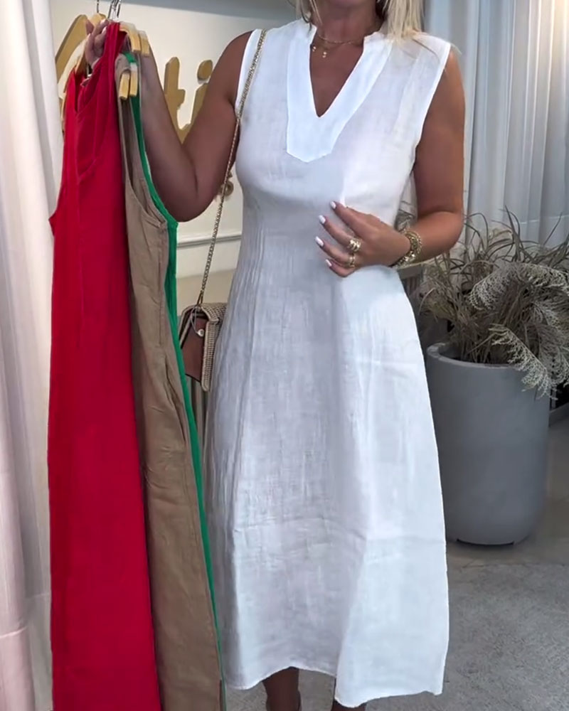 Ärmelloses Kleid aus französischer Baumwolle und Leinen mit V-Ausschnitt
