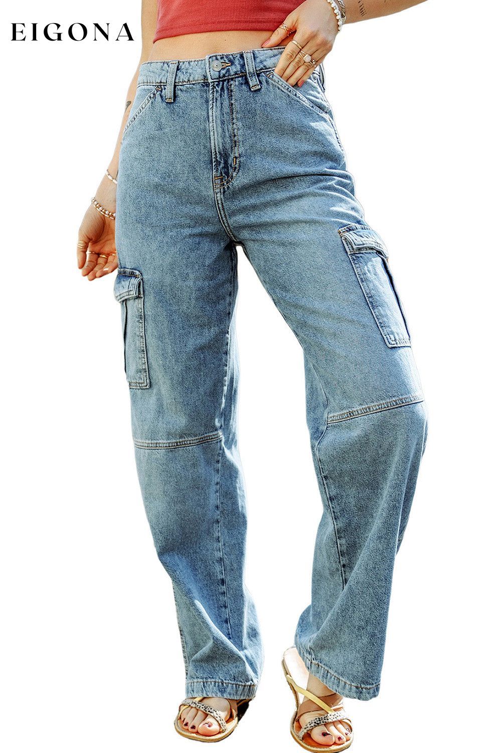 Sky Blue Cool Cargo Style Wide Leg Jeans All In Stock bottoms cargo pants clothes Color Blue DL Chic DL Exclusive Fabric Denim Jeans Occasion Daily pants Season Spring Silhouette Wide Leg Style Casual