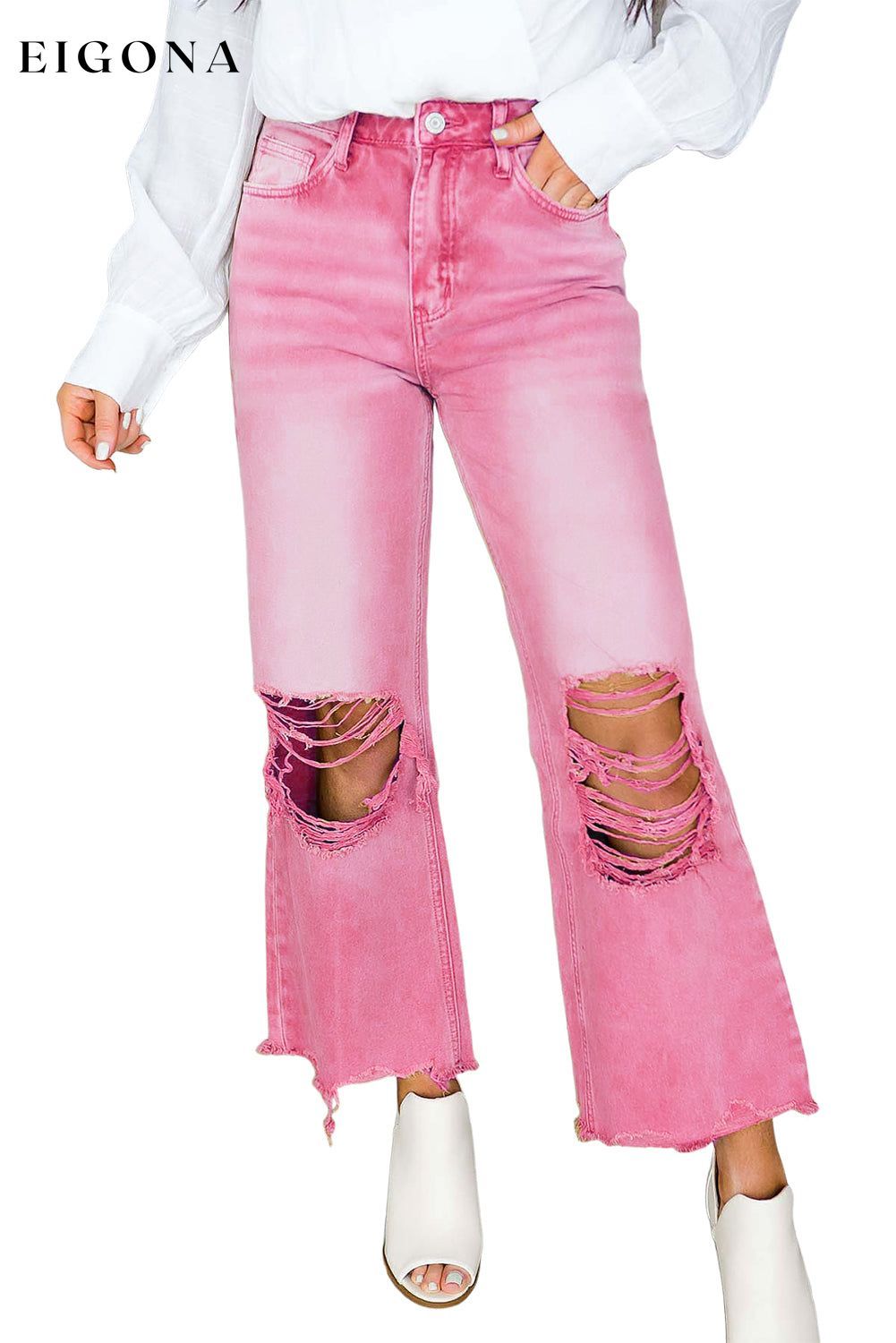 Peach Blossom Distressed Hollow-out High Waist Cropped Flare Jeans All In Stock Best Sellers bottoms clothes Color Pink Craft Distressed Craft Washed EDM Monthly Recomend Fabric Denim Jeans Occasion Daily Print Solid Color Season Spring Silhouette Wide Leg Style Southern Belle Women's Bottoms