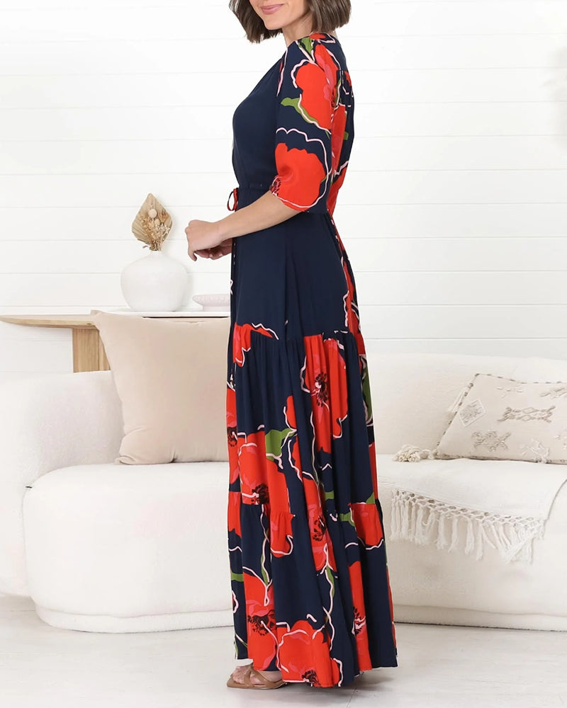 Elegant floral print waist slit dress 202466 casual dresses spring summer