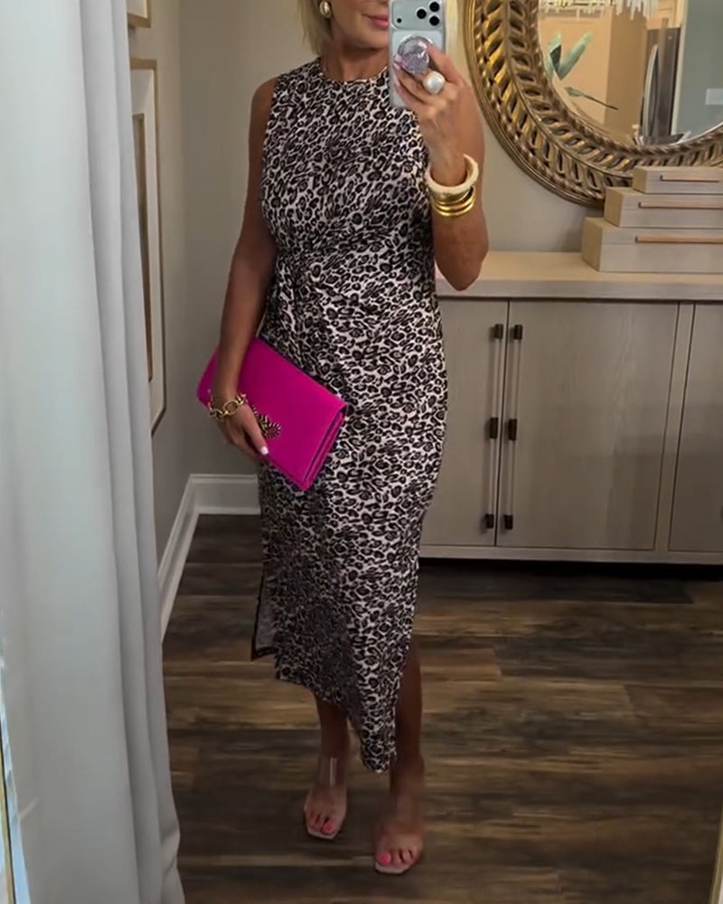 Leopard Print Sleeveless Tie-Up Slit Maxi Dress