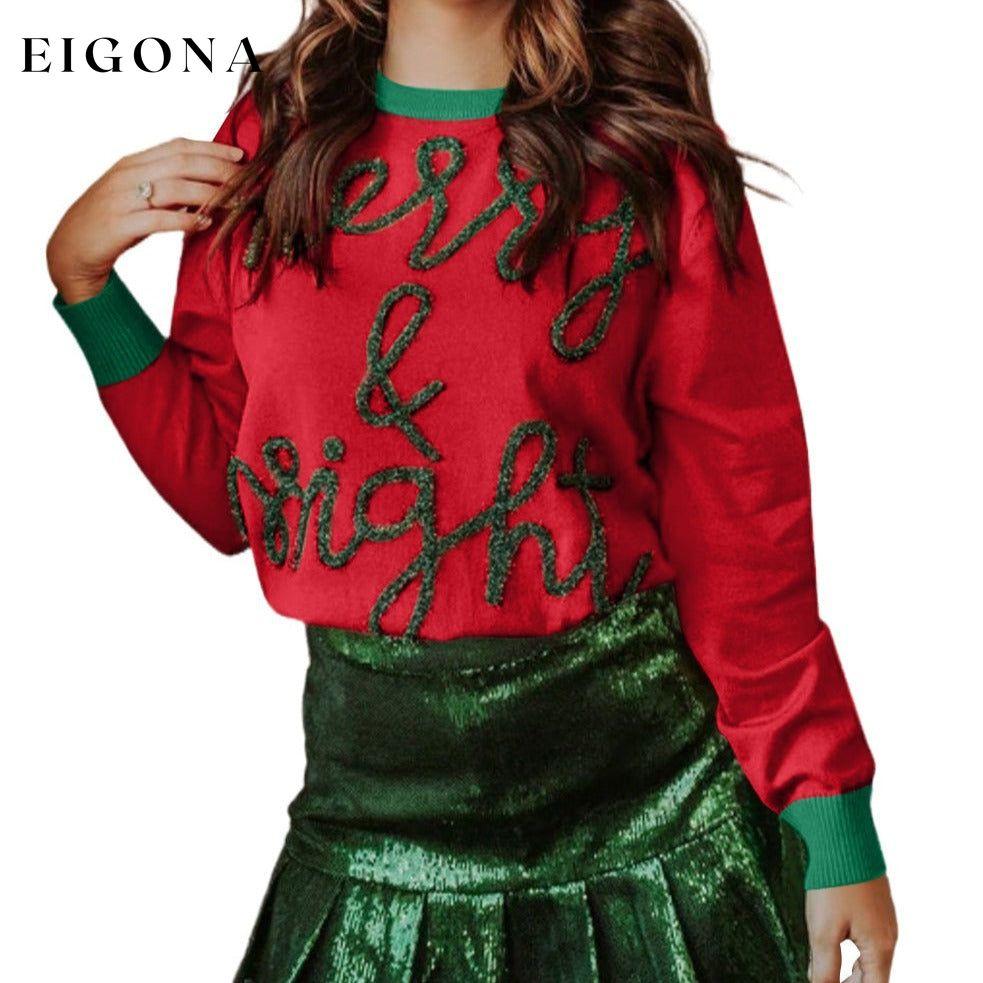 Fiery Red Tinsel Merry & Bright Graphic Contrast Trim Sweater All In Stock Best Sellers christmas sweater clothes Color Red Craft Embroidery Day Christmas Print Letter Season Fall & Autumn Style Southern Belle sweater sweaters