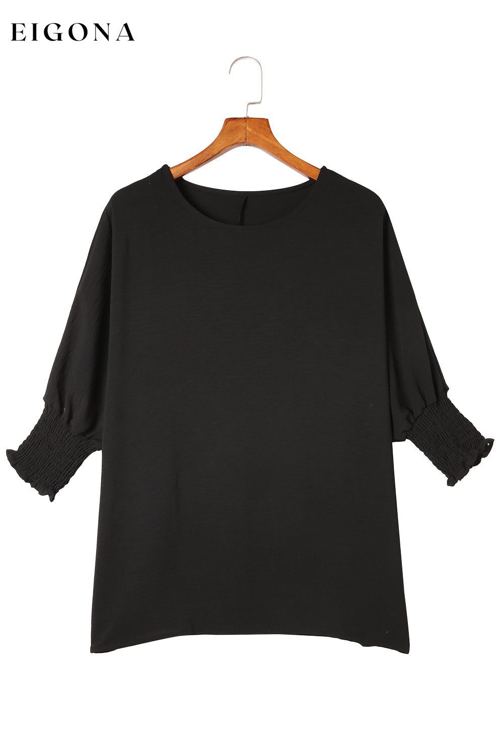 Black Smocked Wrist Shift Top All In Stock Best Sellers clothes Craft Smocked Early Fall Collection Occasion Daily Print Solid Color Season Spring shirt shirts Style Southern Belle top tops