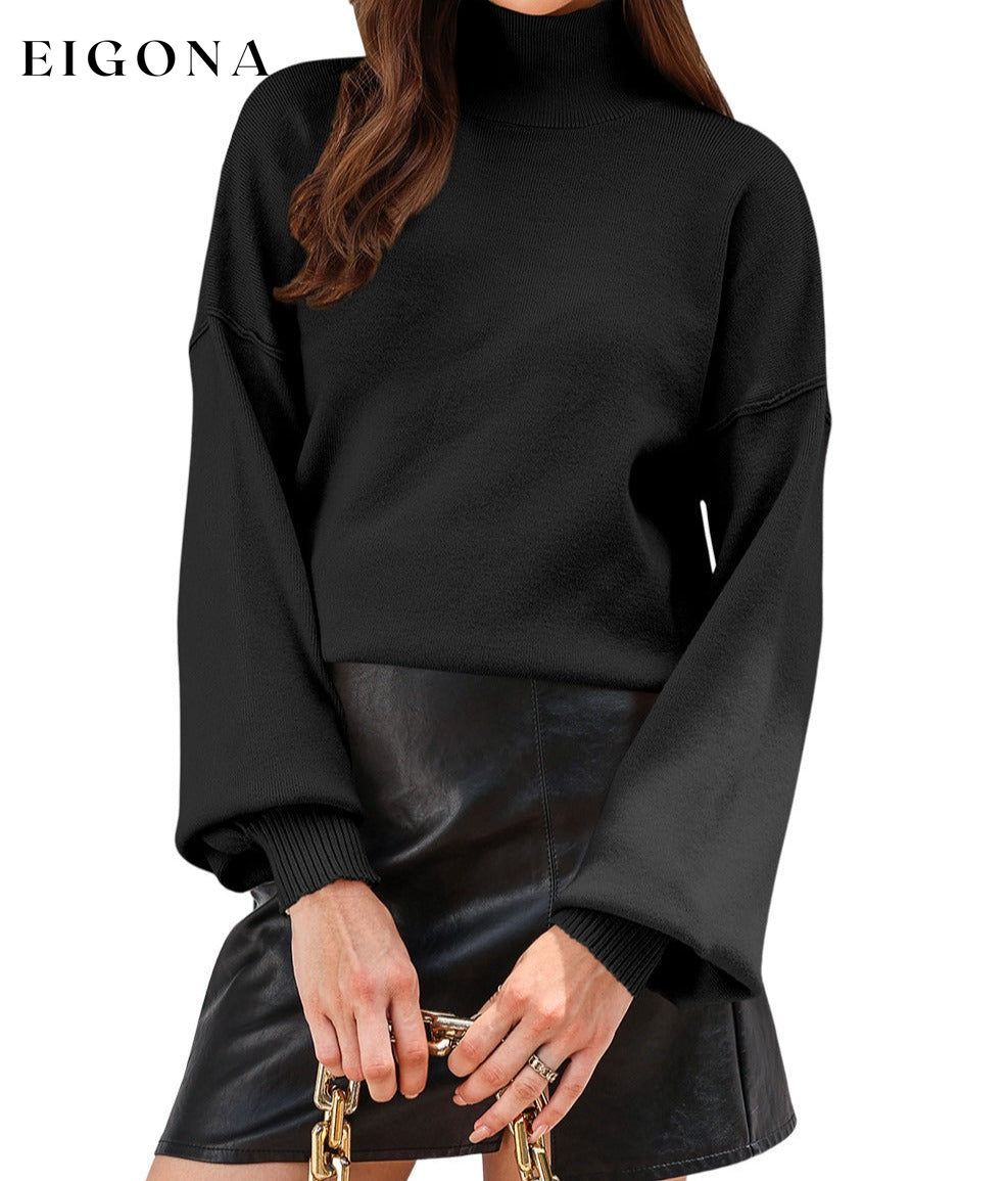 Black Turtleneck Drop Shoulder Bubble Sleeve Knit Sweater All In Stock black sweaters clothes long sleeve dresses long sleeve shirts long sleeve top Occasion Daily Print Solid Color Season Winter Style Elegant