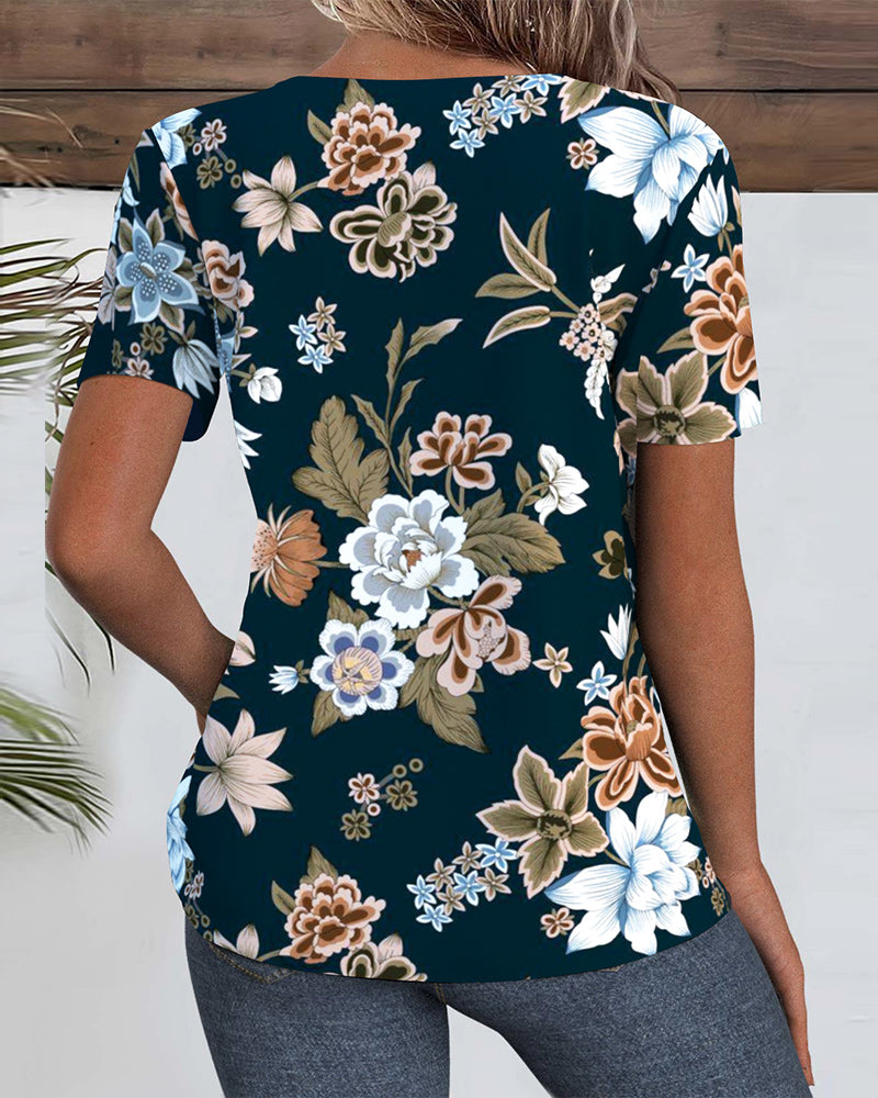 V-Neck Floral Print Colorblock Blouse