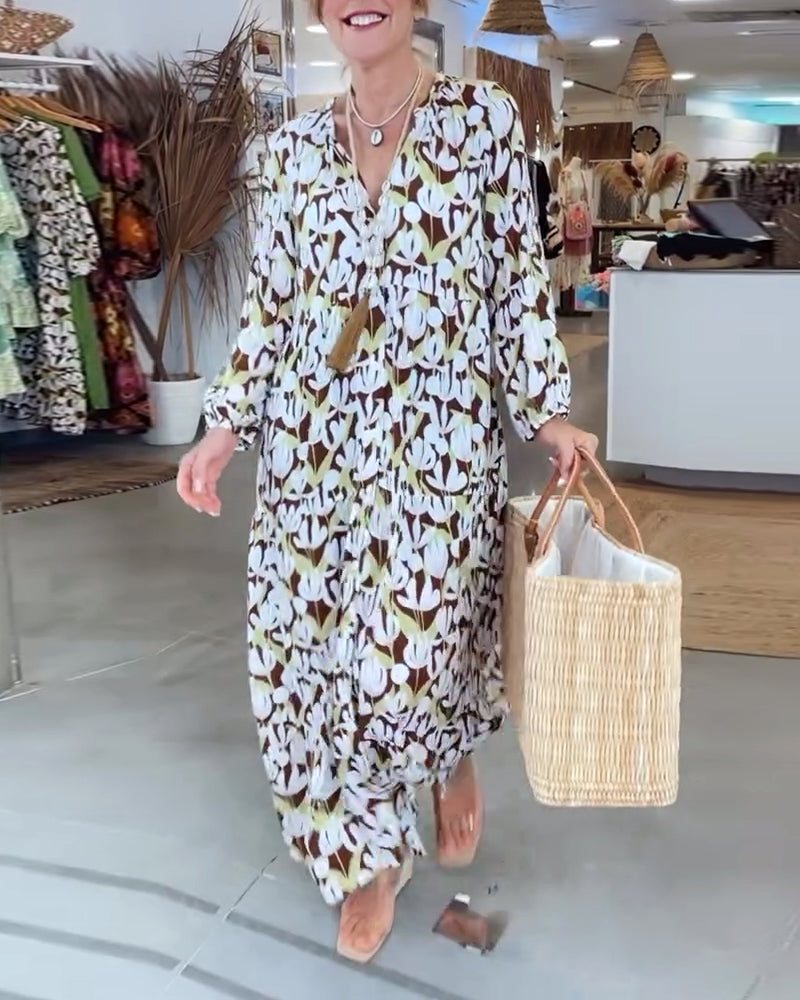 Vintage printed long sleeve lace-up dress 202466 casual dresses spring summer